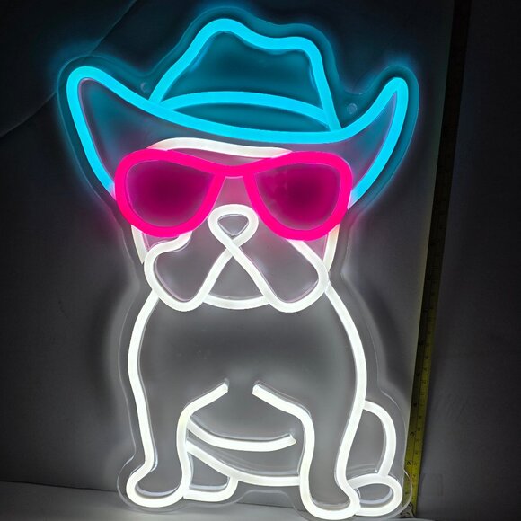 Neon French Bulldog - Frenchie in a Cowboy Hat 15" White, Blue and Hot Pink - Picture 3 of 5